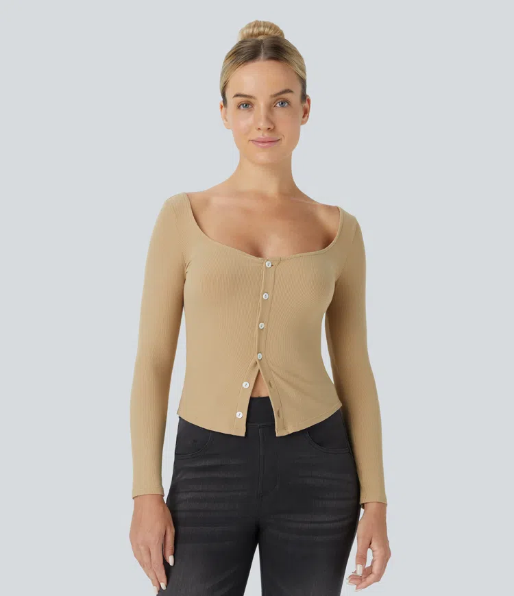 Ribbed Knit U-Neck Front Button Slim Casual Top