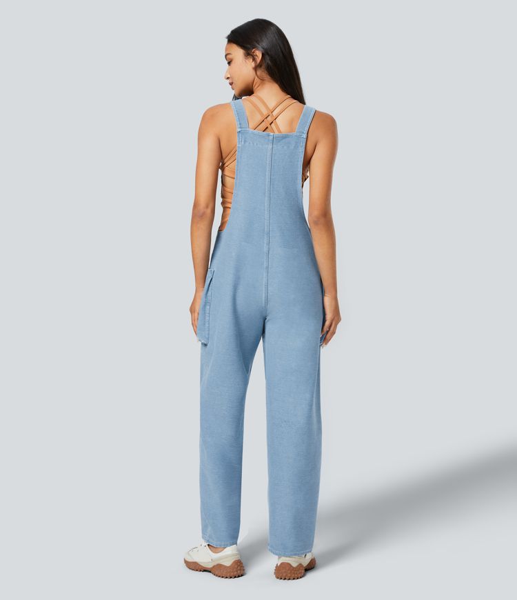 Halara Flex™ Salopette Casual en Denim Tricot Extensible avec Col en V et Poches Latérales