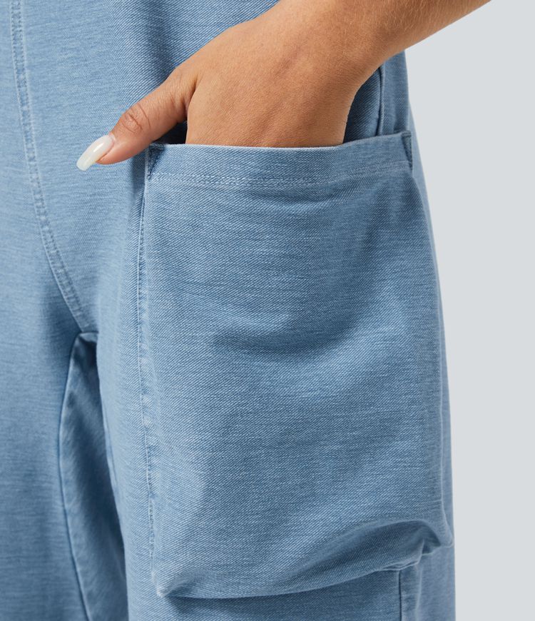 Halara Flex™ Salopette Casual en Denim Tricot Extensible avec Col en V et Poches Latérales