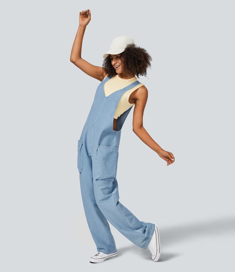Halara Flex™ Salopette Casual en Denim Tricot Extensible avec Col en V et Poches Latérales
