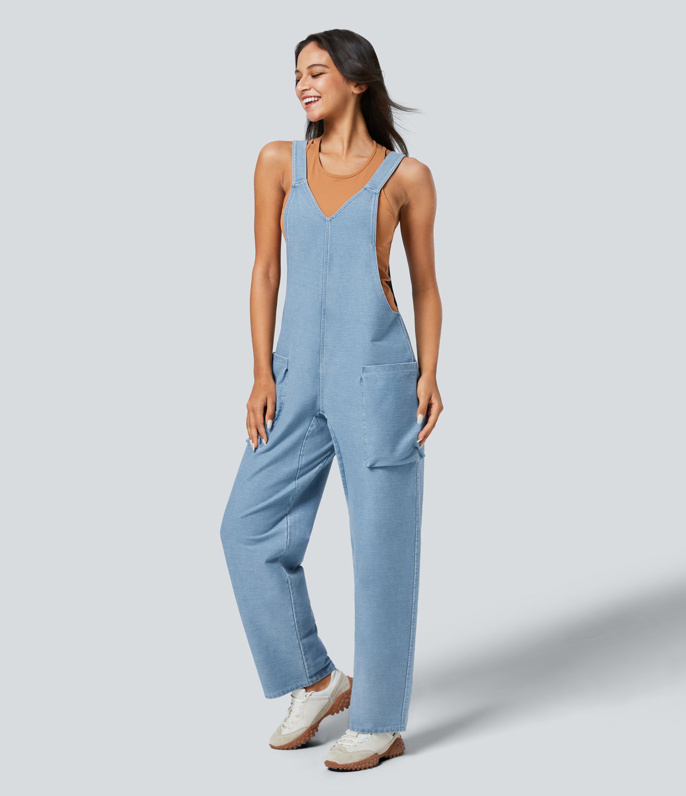Halara Flex™ V Neck Pocket Denim Casual Relaxed Overalls