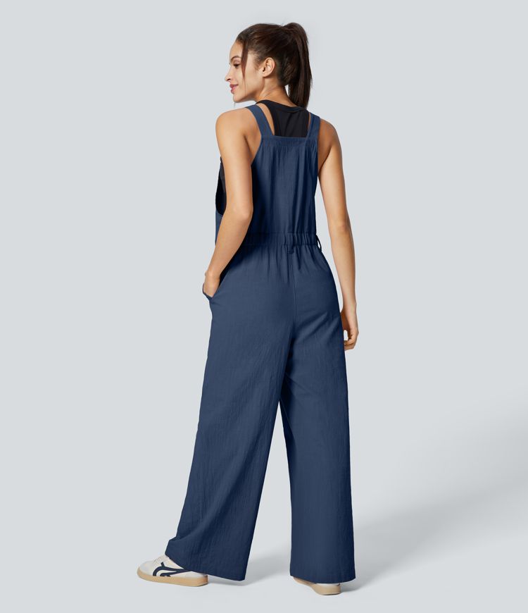 Pocket Casual Linen-Feel Overalls