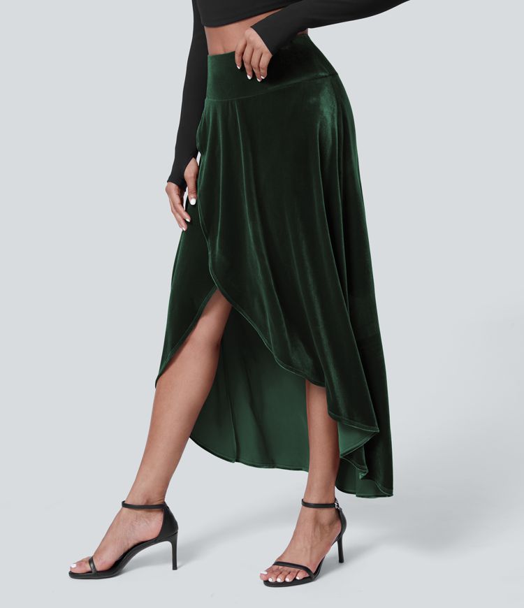 Hohe Taille Hoch-Tief Überkreuz 2-in-1 Samt Maxirock