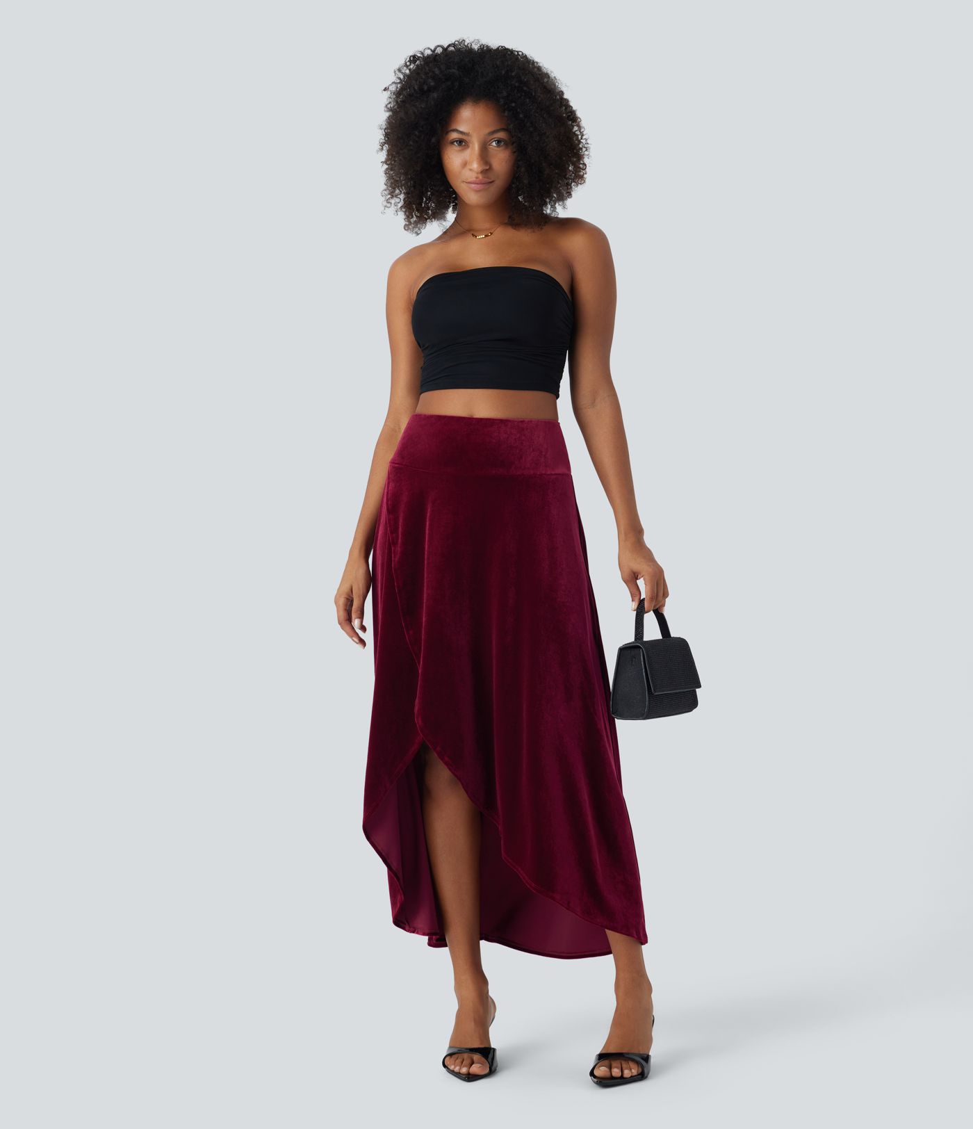 High Waisted High Low Crossover 2-in-1 Velvet Maxi Skirt