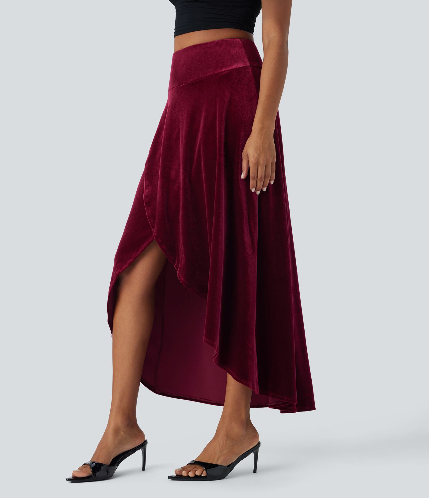 High Waisted High Low Crossover 2-in-1 Velvet Maxi Skirt