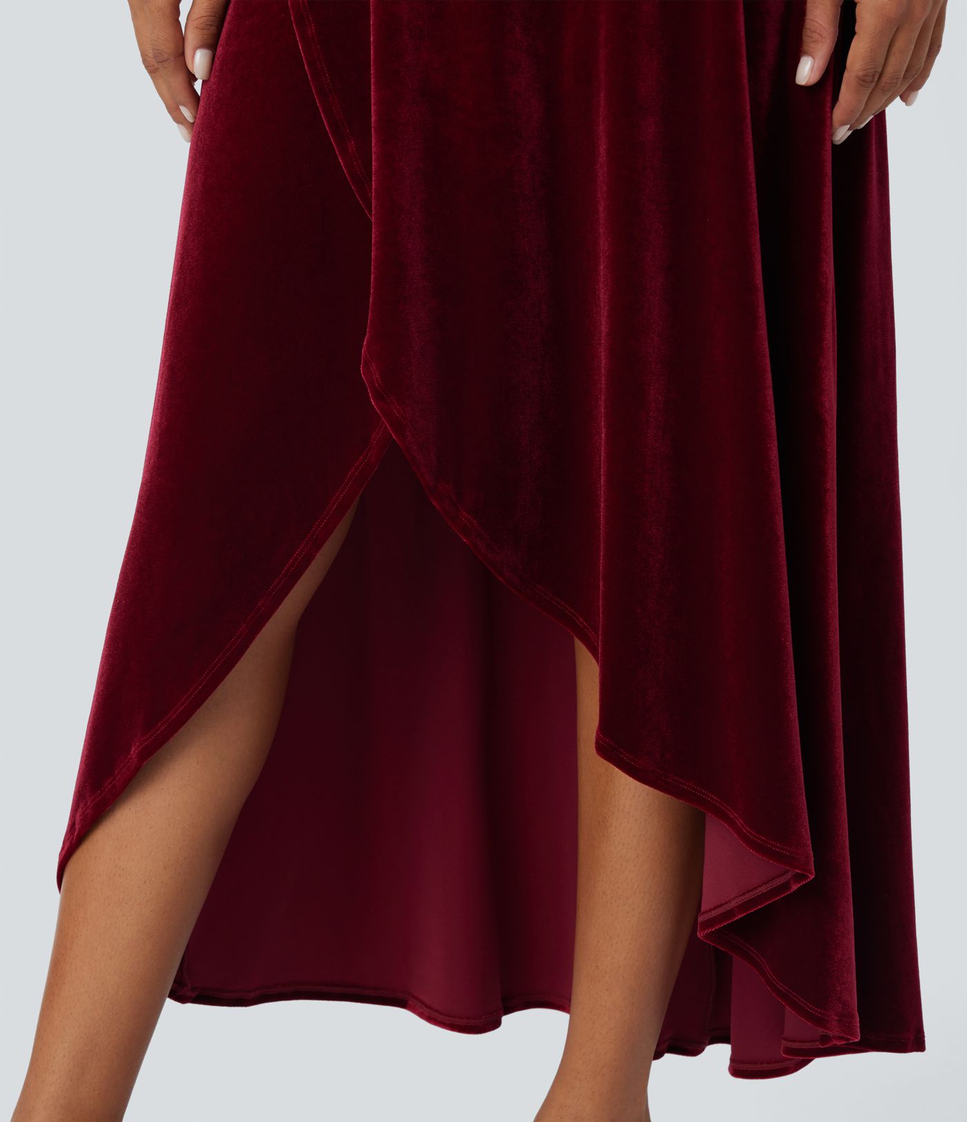 High Waisted High Low Crossover 2-in-1 Velvet Maxi Skirt