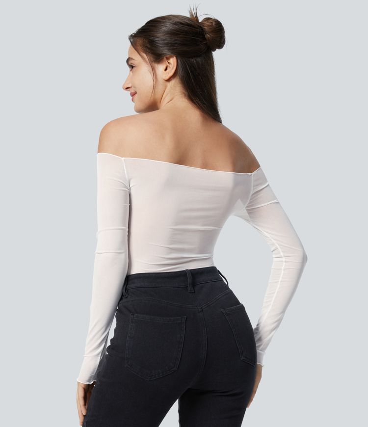 Sheer mesh off-shoulder chest ruched party top