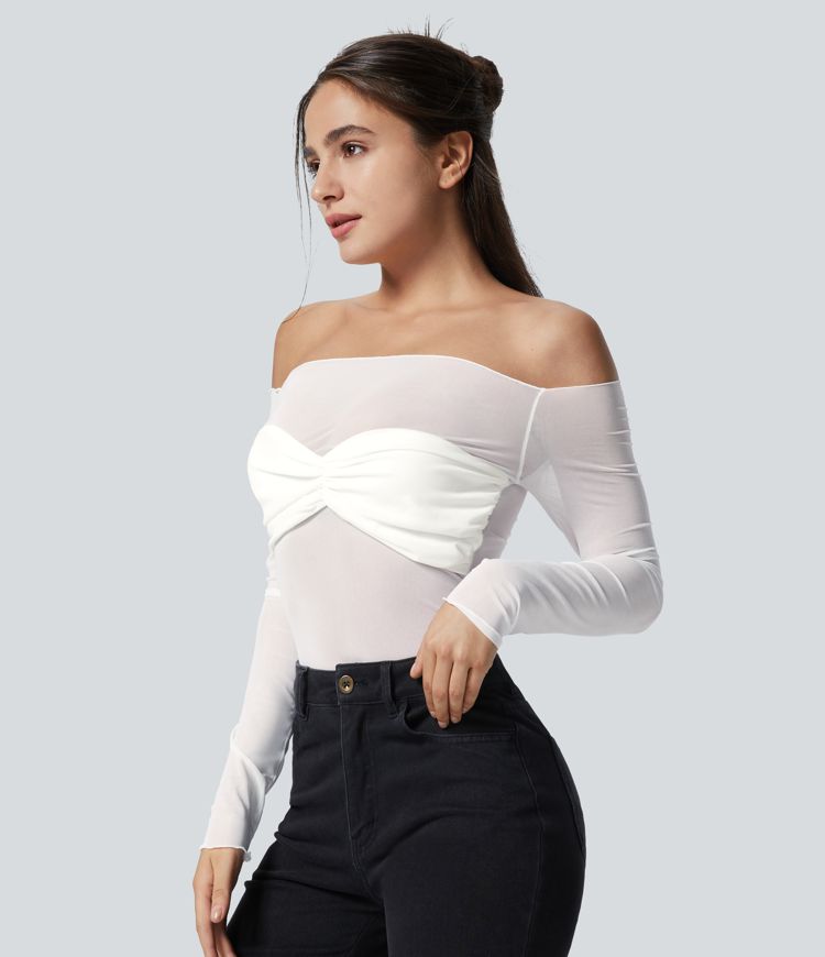 Sheer mesh off-shoulder chest ruched party top