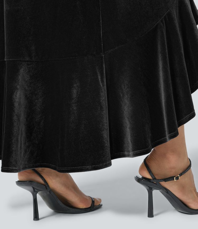 Halter Neck Ruffle Hem Velvet Maxi Dress