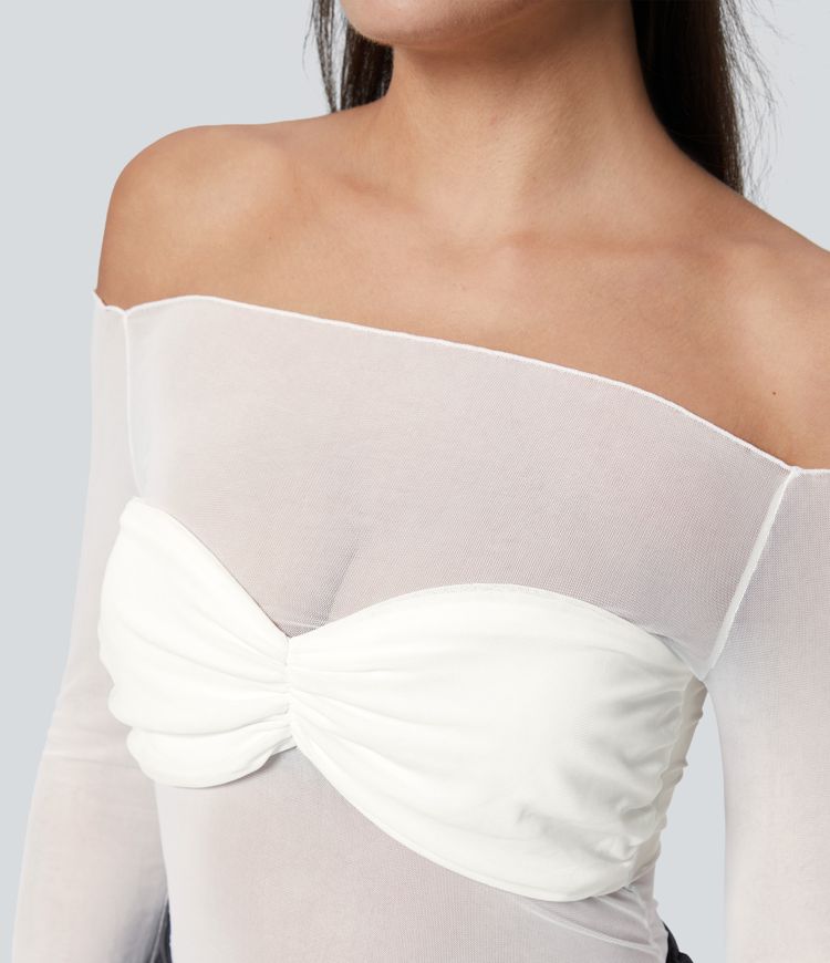 Sheer mesh off-shoulder chest ruched party top