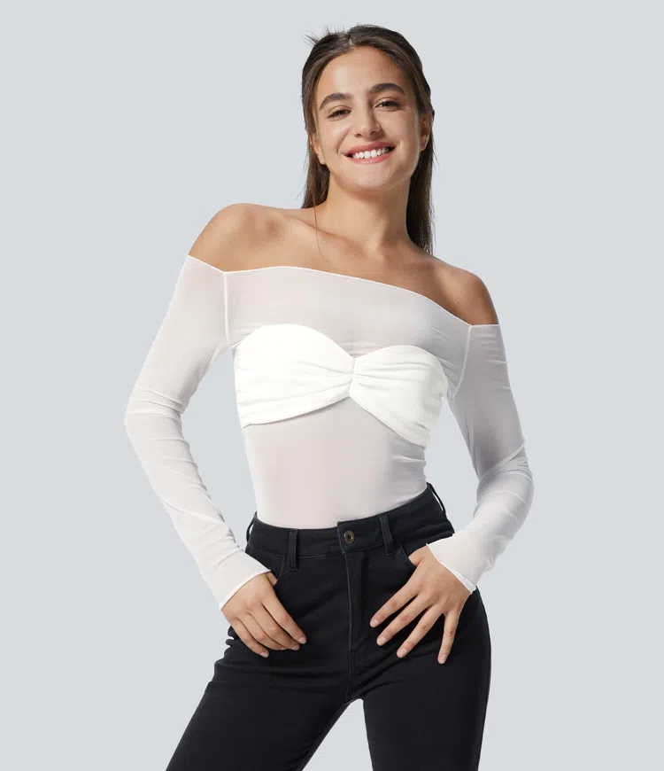 Sheer Mesh Off Shoulder Chest Ruched Top