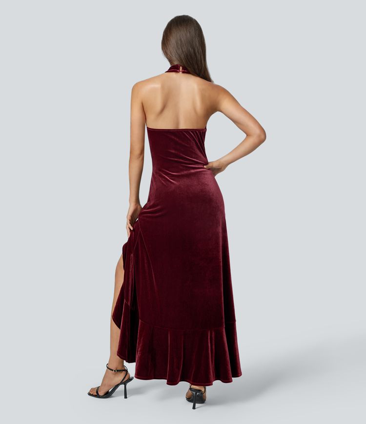 Robe Soirée Maxi en Velours à Col Halter Dos Nu avec Fermeture Éclair Invisible et Ourlet à Volants Fendu