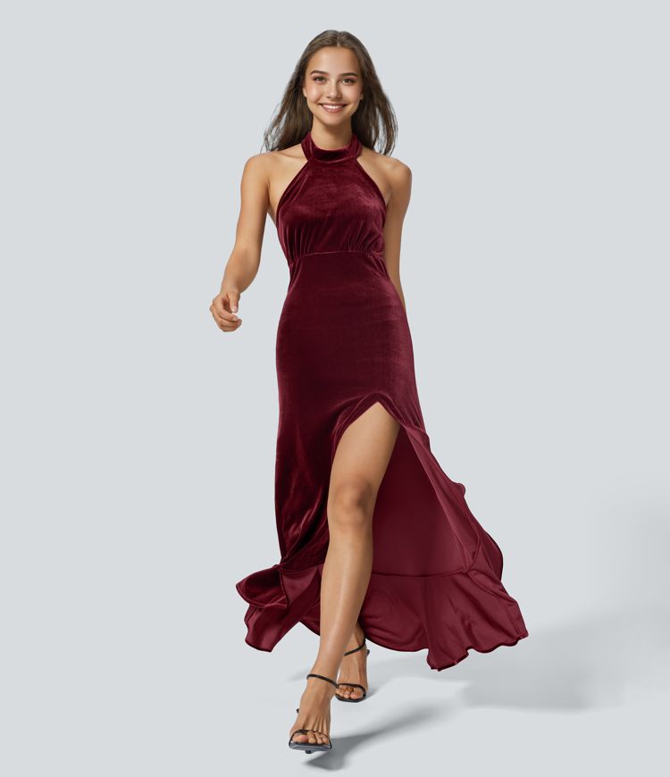 Robe Soirée Maxi en Velours à Col Halter Dos Nu avec Fermeture Éclair Invisible et Ourlet à Volants Fendu