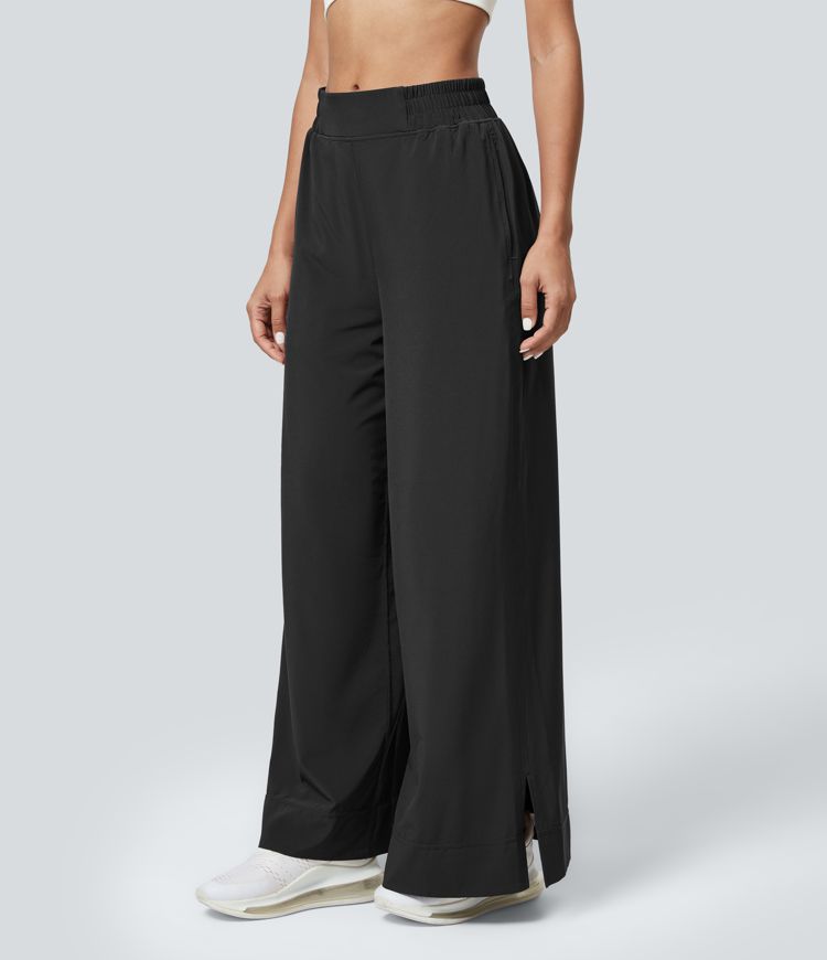 Breezeful™ High Waisted Side Pocket Wide Leg Split Hem Flowy Quick Dry Casual Pants