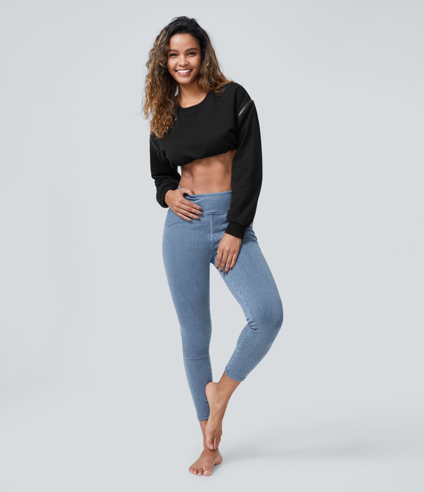 Halara Flex™ High Waisted Side Pocket Washed Stretchy Knit Denim Casual 7/8 Leggings