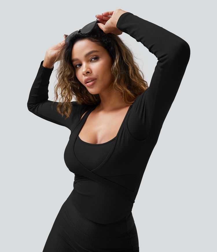 Top de Sport Casual à Manches Longues en Tricot Côtelé à Encolure Carrée Découpes Ourlet Courbé et Coupe Courte