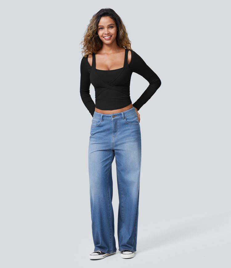 Top de Sport Casual à Manches Longues en Tricot Côtelé à Encolure Carrée Découpes Ourlet Courbé et Coupe Courte