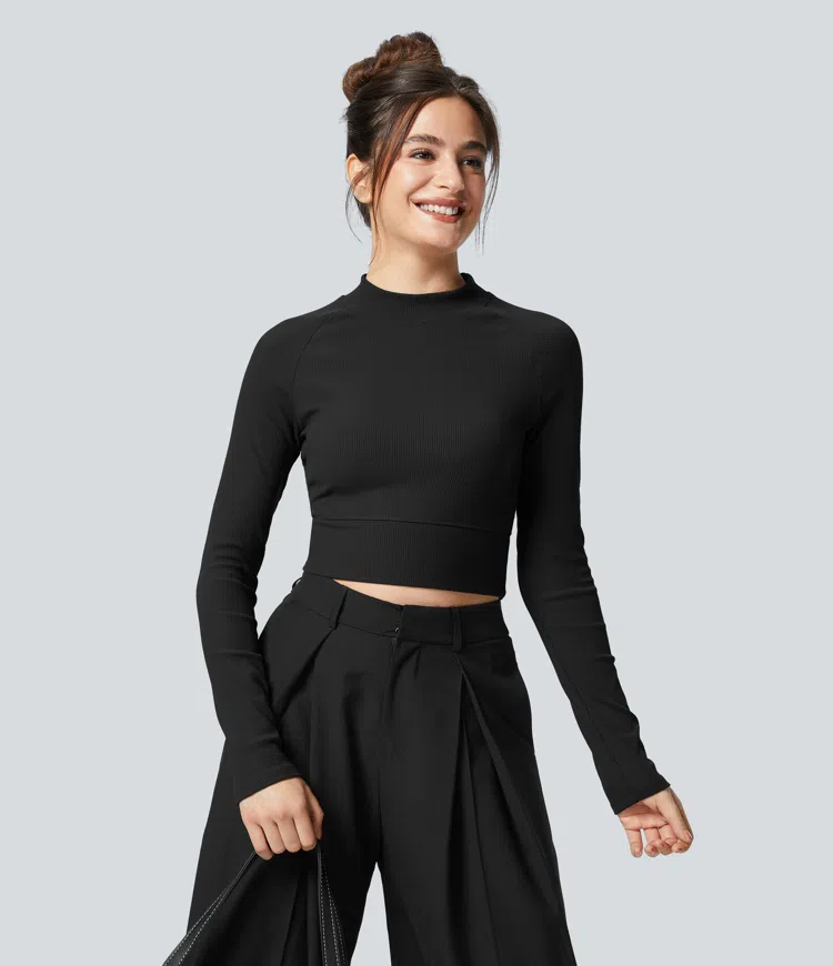 Softlyzero™ ribbed mock neck long sleeve crop casual sports top