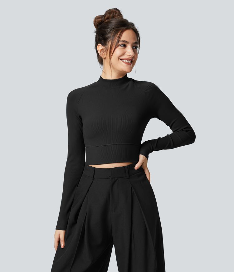 Softlyzero™ Rib Mock Neck Long Sleeve Cropped Casual Sports Top
