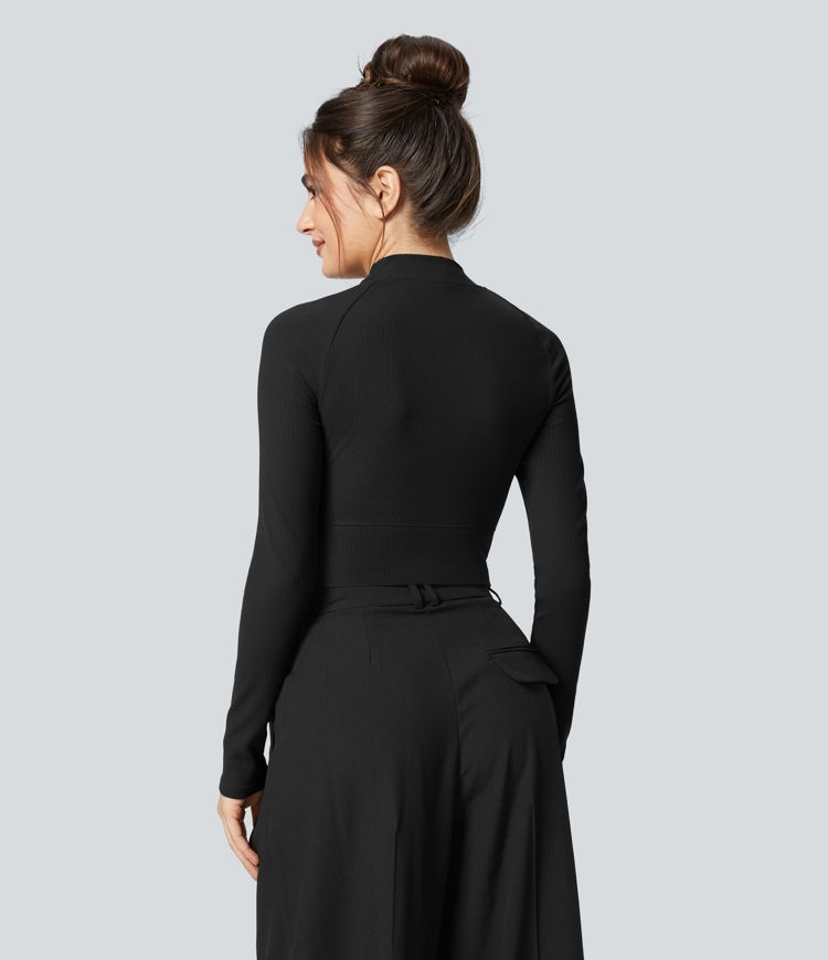 Softlyzero™ Ribbed Mock Neck Long Sleeve Cropped Casual Sports Top