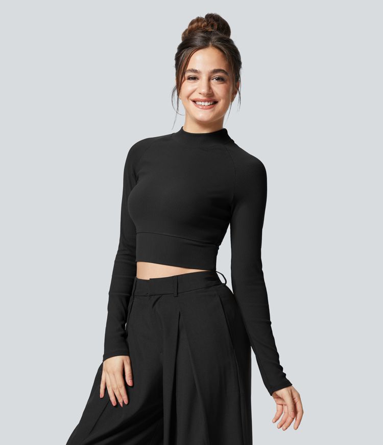 Softlyzero™ Ribbed Mock Neck Long Sleeve Cropped Casual Sports Top