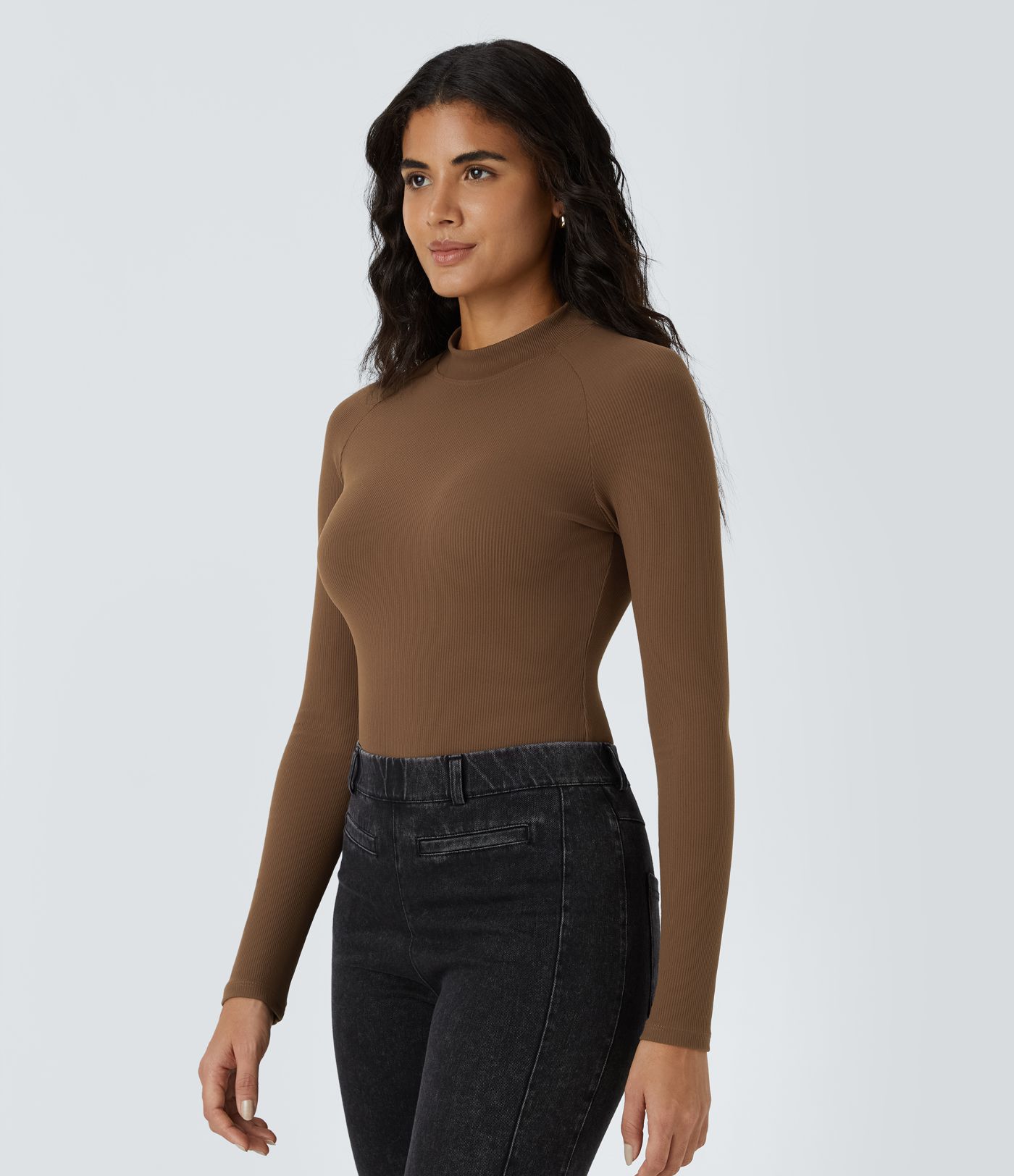 Softlyzero™ relaxed ribbed bodysuit with high neck, long raglan sleeves, and slim fit