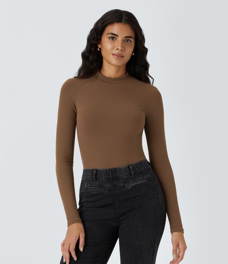 Softlyzero™ Ribbed Mock Neck Raglan Long Sleeve Skinny Casual Bodysuit