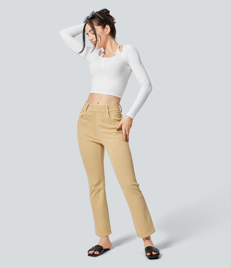Halara Flex™ Jeans Évasés Décontractés à Taille Haute avec Poches Multiples en Tricot Extensible Coloré