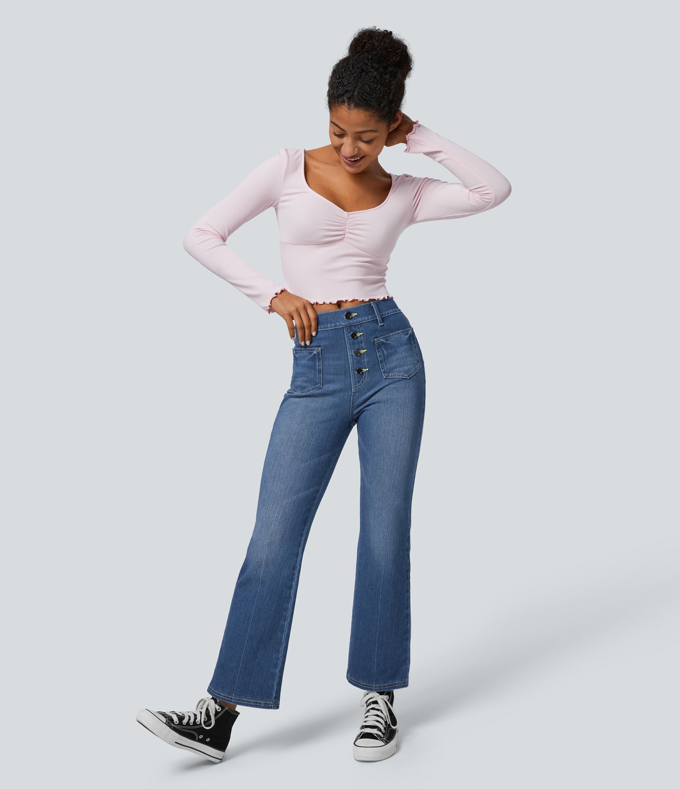 Jean Bootcut Casual Halara Flex™ à Taille Haute avec Poches Décoratives