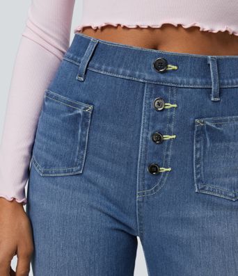 Jean Bootcut Casual Halara Flex™ à Taille Haute avec Poches Décoratives