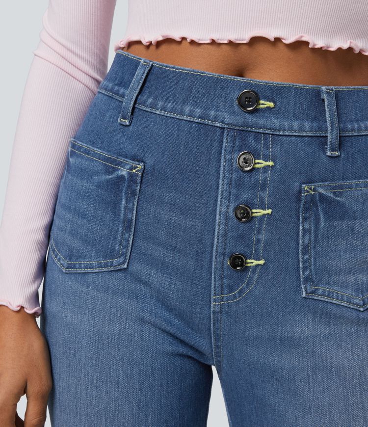 Jean Bootcut Casual Halara Flex™ à Taille Haute avec Poches Décoratives