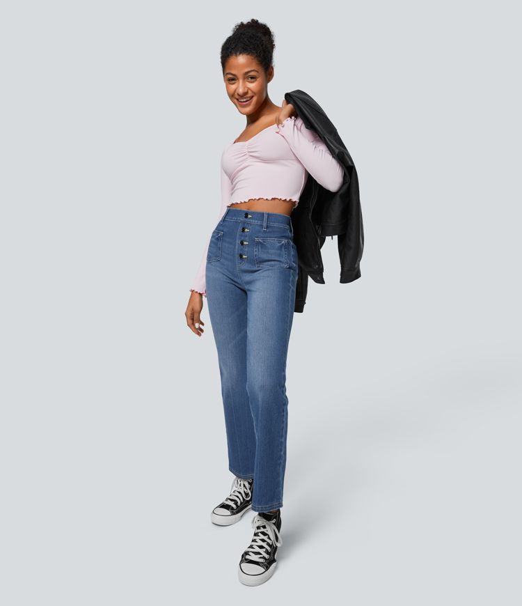 Jean Bootcut Casual Halara Flex™ à Taille Haute avec Poches Décoratives