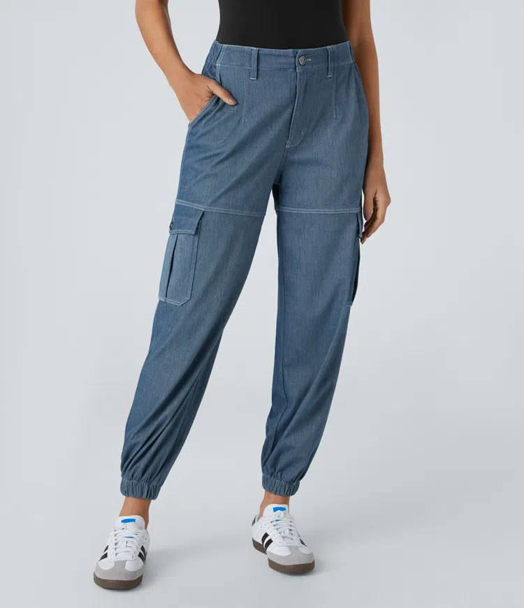 Halara Flex™ Mid-Waist Button Zipper Multiple Pocket Stretch Knit Casual Cargo Jeans