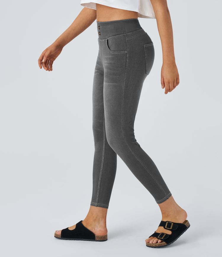 HalaraMagic™ Curvy High Waisted Decorative Button Multiple Pockets Washed Stretchy Knit Casual 7/8 Jeans