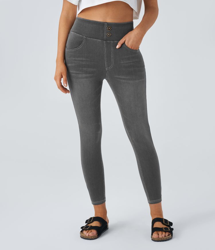 HalaraMagic™ Curvy High Waisted Decorative Button Multiple Pockets Washed Stretchy Knit Casual 7/8 Jeans
