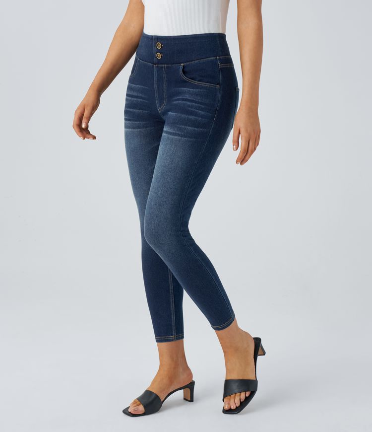 HalaraMagic™ Curvy High Waisted Decorative Button Multiple Pockets Washed Stretchy Knit Casual 7/8 Jeans