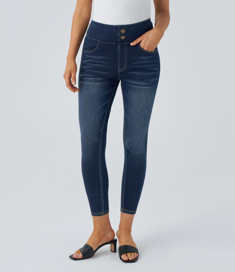 HalaraMagic™ Curvy High Waisted Decorative Button Multiple Pockets Washed Stretchy Knit Casual 7/8 Jeans