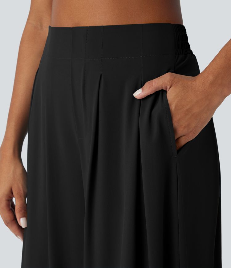 Breezeful™ High Waisted Pocket Shirred Wide Leg Flowy Solid Palazzo Quick Dry Casual Pants