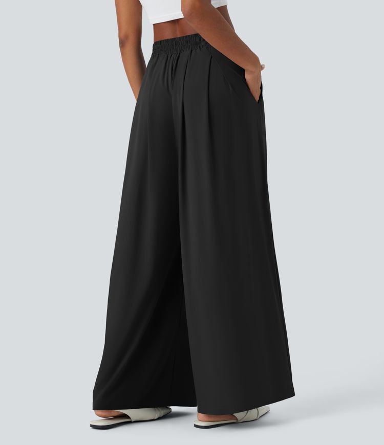 Breezeful™ High Waisted Pocket Shirred Wide Leg Flowy Solid Palazzo Quick Dry Casual Pants