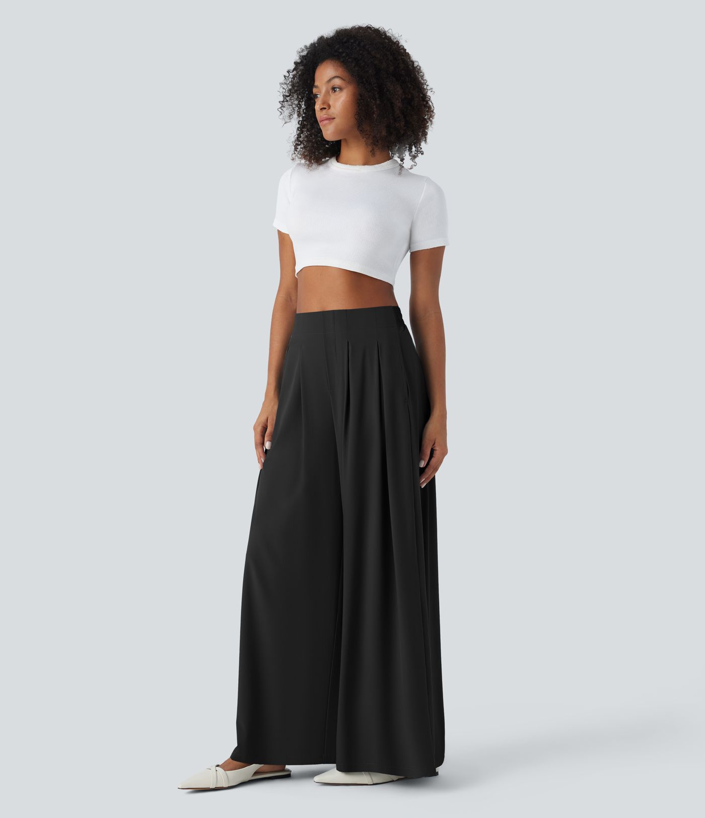 Breezeful™ High Waisted Pocket Shirred Wide Leg Flowy Solid Palazzo Quick Dry Casual Pants