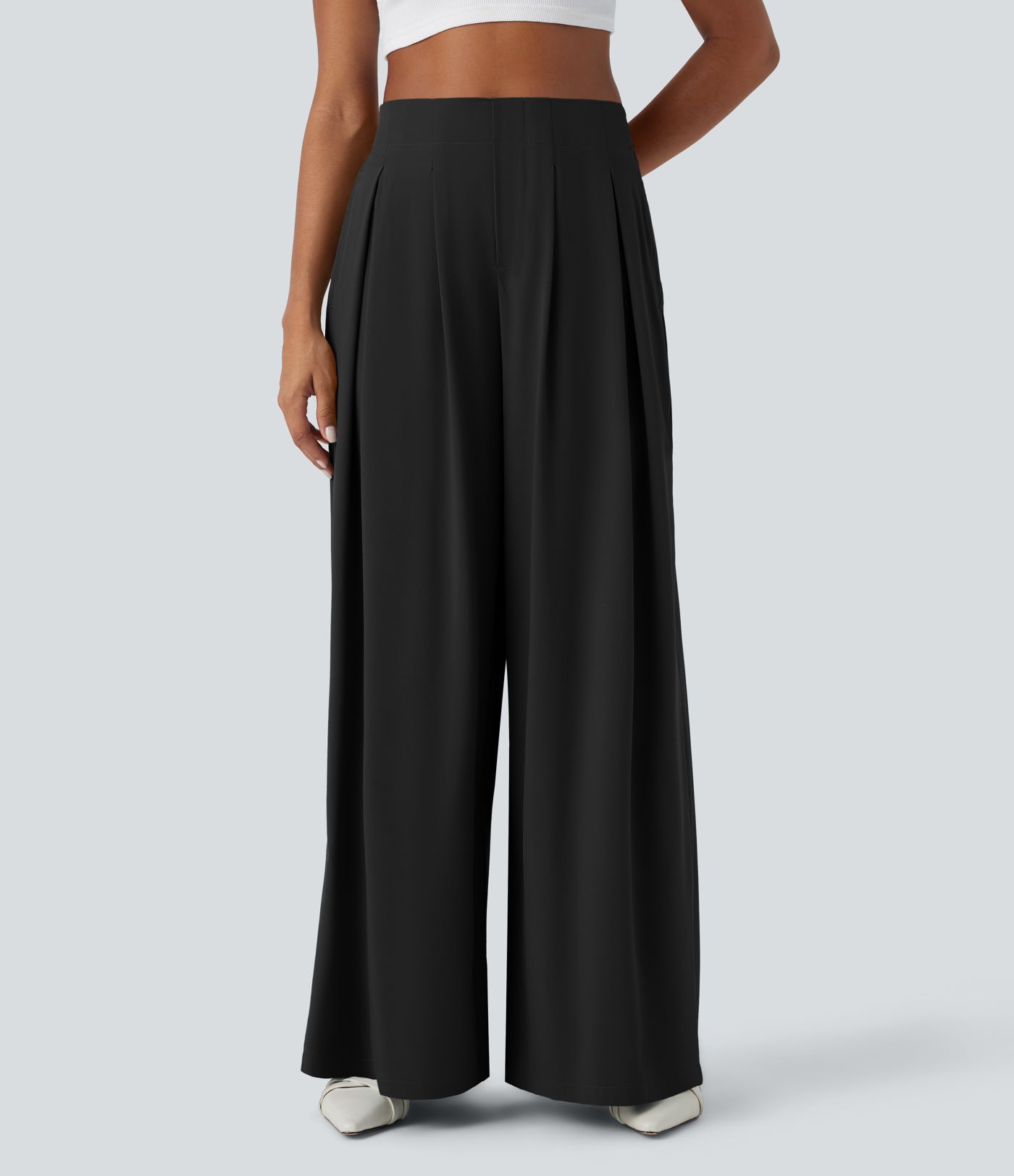 Breezeful™ High Waisted Pocket Shirred Wide Leg Flowy Solid Palazzo Quick Dry Casual Pants