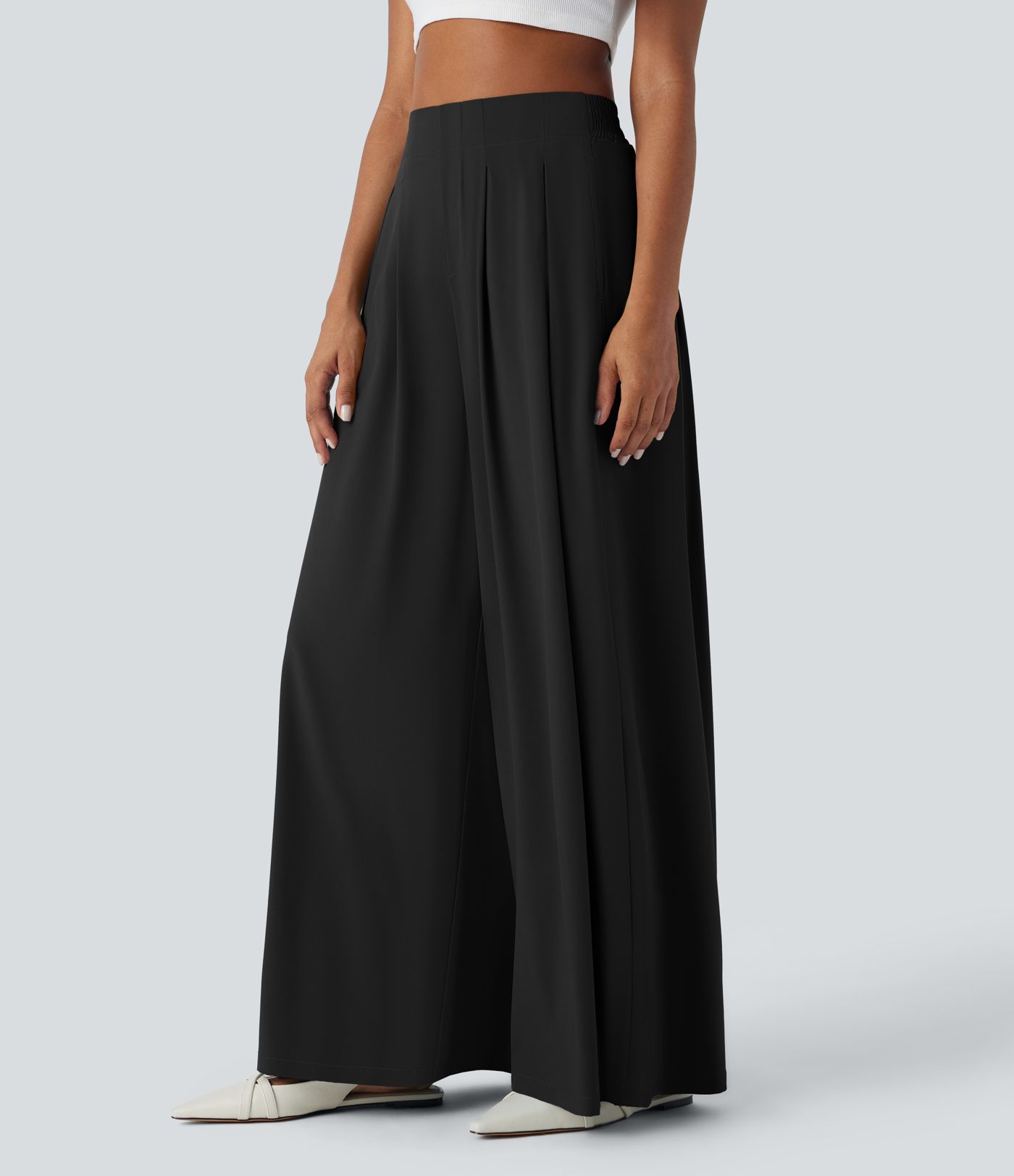Breezeful™ High Waisted Pocket Shirred Wide Leg Flowy Solid Palazzo Quick Dry Casual Pants