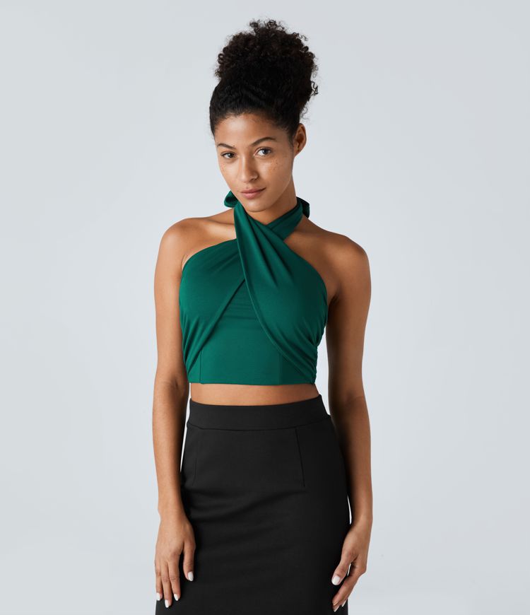 Crossover Halter Tie Back Backless Work Tank Top