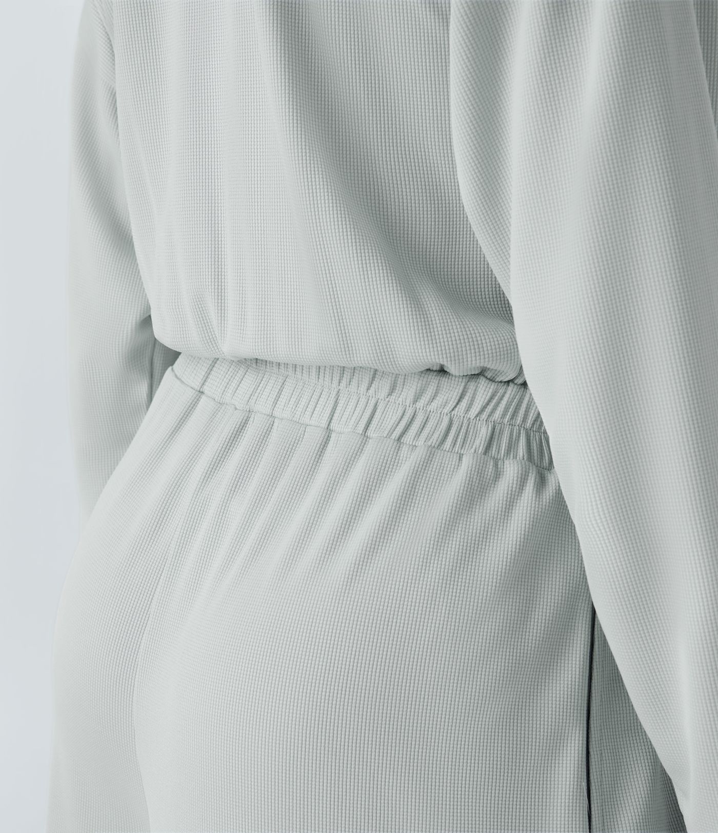 V Neck Long Sleeve Pocket Wide Leg Flowy Waffle Casual Jumpsuit