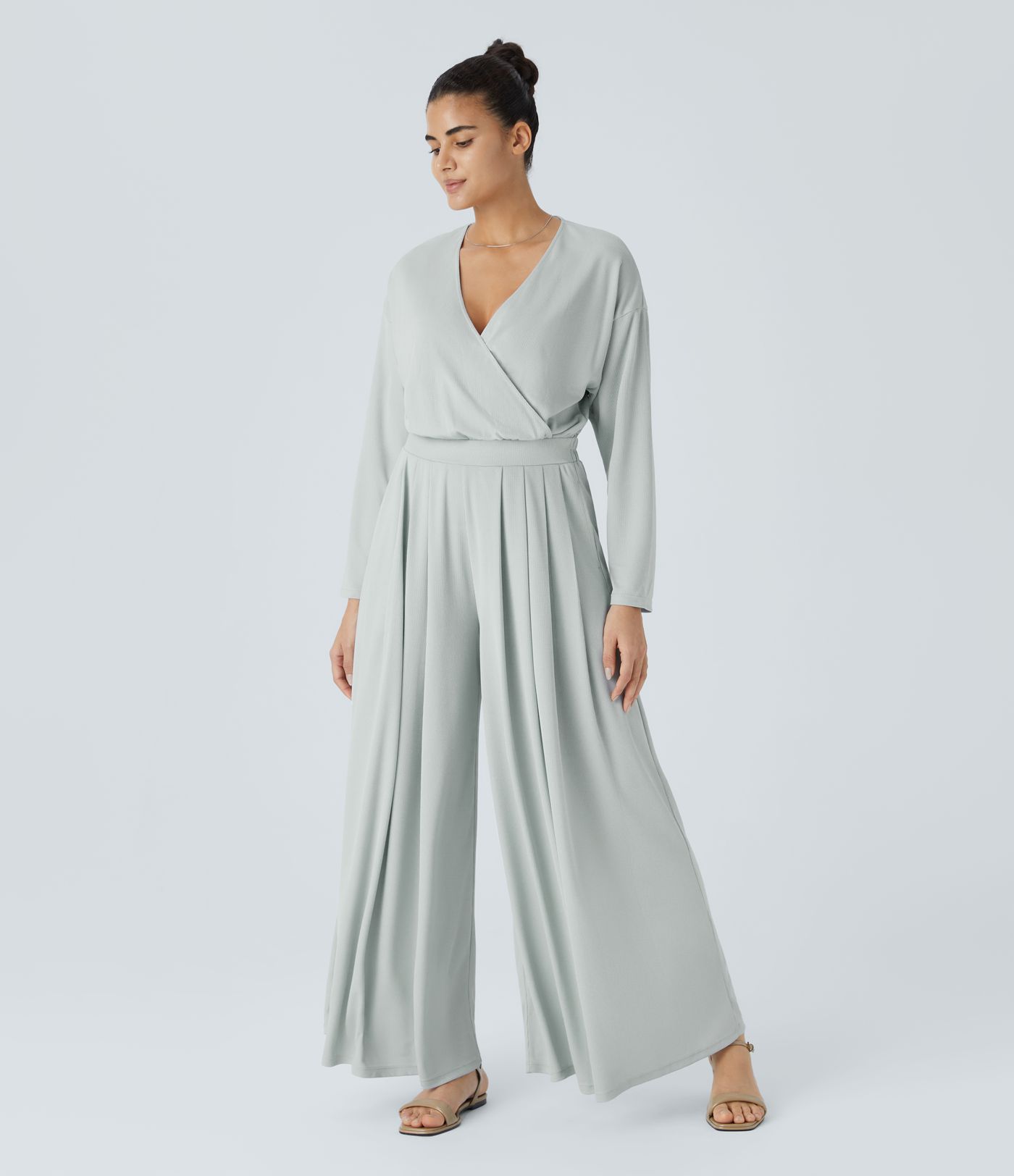 V Neck Long Sleeve Pocket Wide Leg Flowy Waffle Casual Jumpsuit