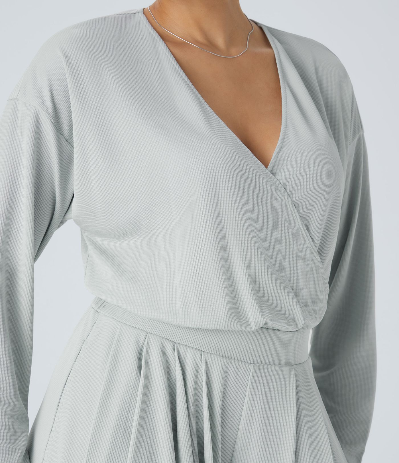 V Neck Long Sleeve Pocket Wide Leg Flowy Waffle Casual Jumpsuit