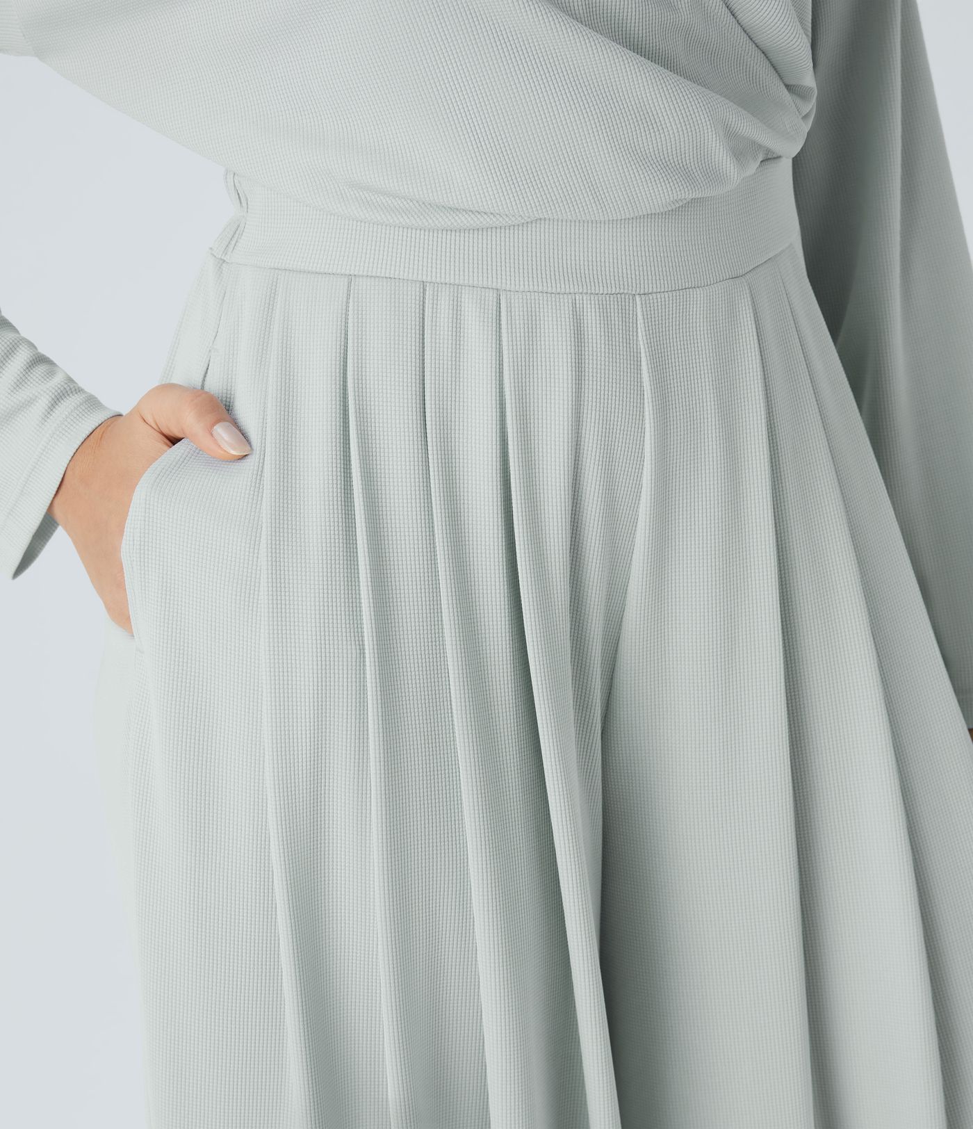 V Neck Long Sleeve Pocket Wide Leg Flowy Waffle Casual Jumpsuit