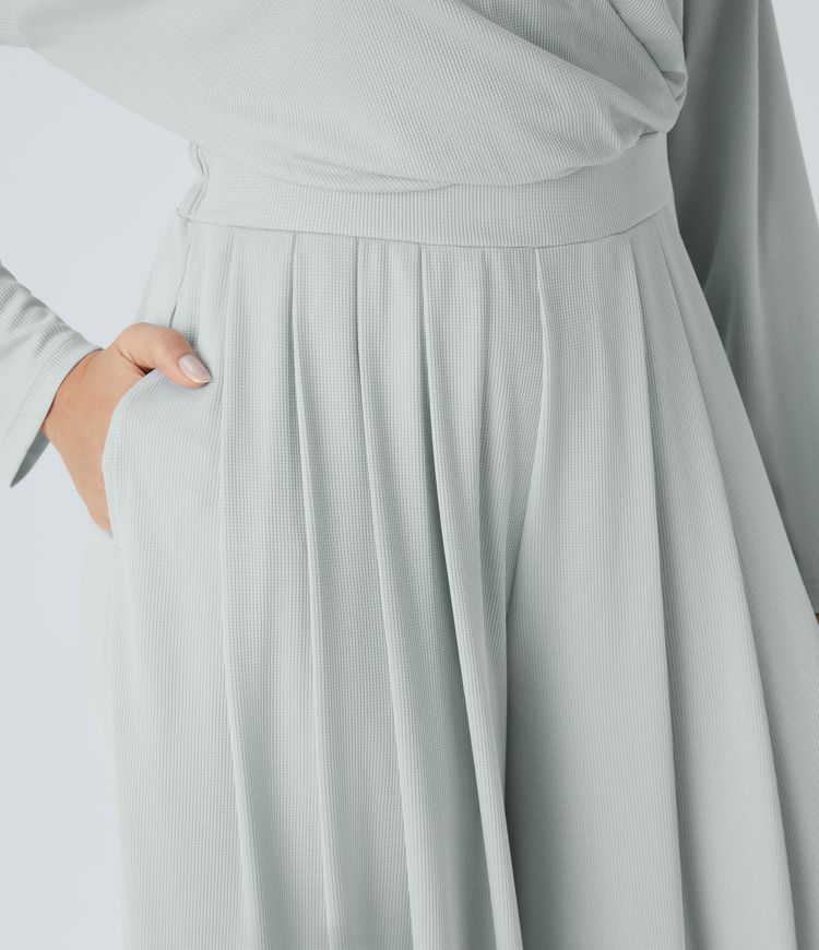 V Neck Long Sleeve Pocket Wide Leg Flowy Waffle Casual Jumpsuit