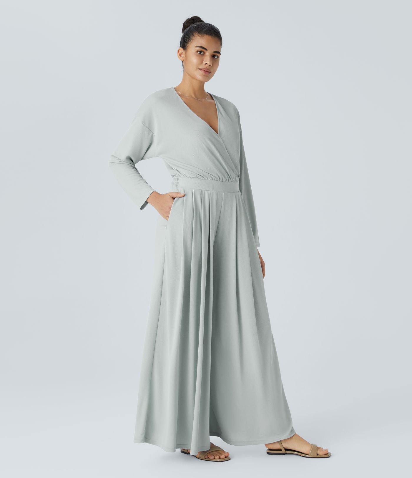 V Neck Long Sleeve Pocket Wide Leg Flowy Waffle Casual Jumpsuit