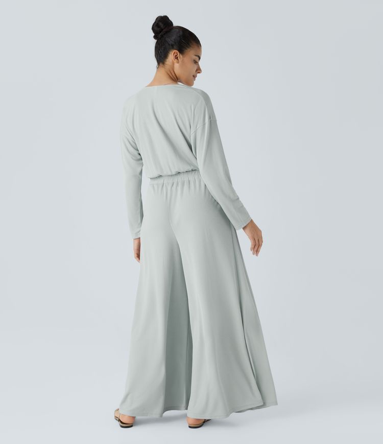 V Neck Long Sleeve Pocket Wide Leg Flowy Waffle Casual Jumpsuit